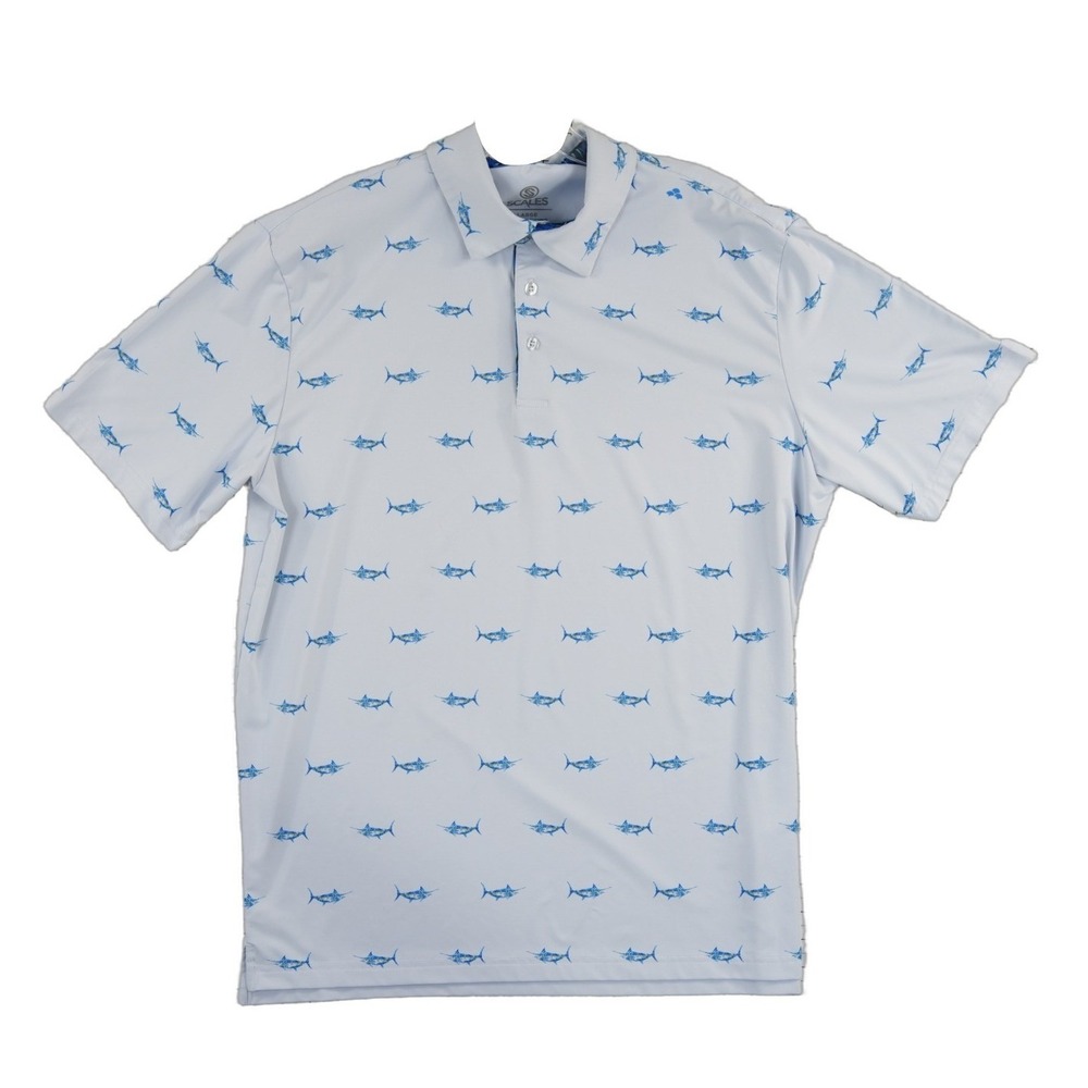Scales Polo Shirt Men's Size Large Light Blue Marlin Fish Performance Stretch